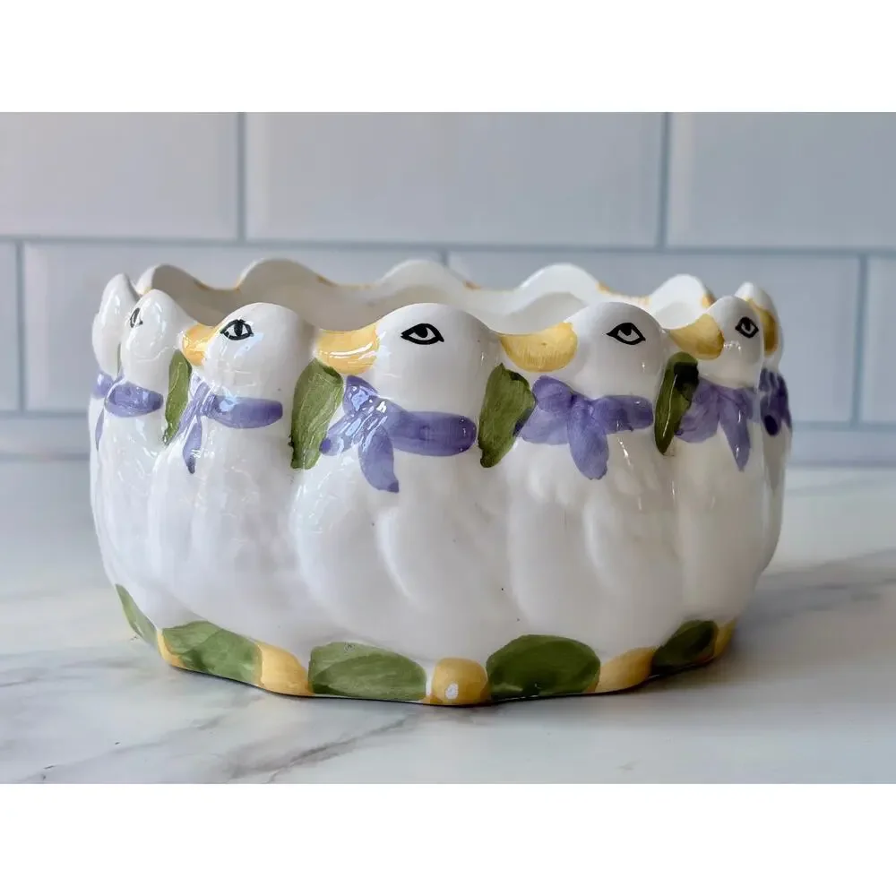 Vintage Hand Painted Ceramic Duck Bowl | Cottagecore Farmhouse Bluebell Floral